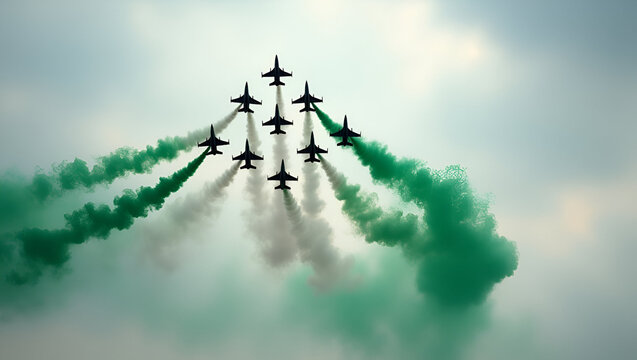 Fighter jets perform an aerial display, leaving bold green and white smoke trails in the sky, symbolizing the Pakistan flag. The jets fly in a tight formation against a soft sky backdrop.