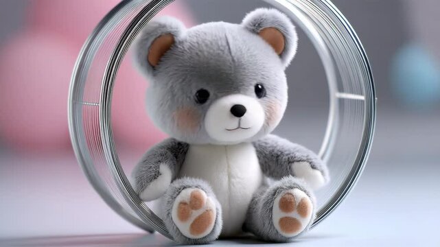 Grey teddy bear framed in metal circle with cool lighting, minimalist plush toy for modern child spaces Video 4K UHD 60 fps