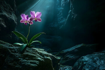 Radiant orchids nestled within a dark cave.