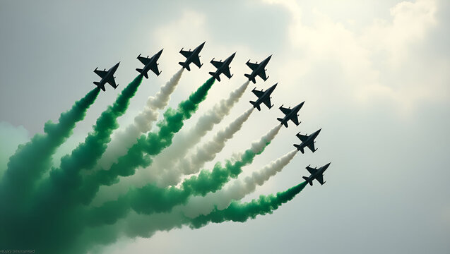Fighter jets perform an aerial display, leaving bold green and white smoke trails in the sky, symbolizing the Pakistan flag. The jets fly in a tight formation against a soft sky backdrop.