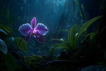 A radiant orchid blossoms in a mysterious jungle.