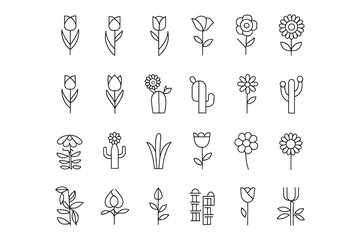 Collection of Simple Line Art Flower and Plant Icons