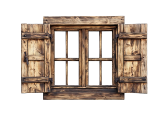 An old wooden window with shutters, isolated on Png Format and Transparent Background