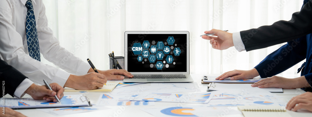 Poster customer relationship management system on brisk computer for crm business and enterprise