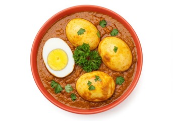 Egg curry in red bowl with parsley garnish on white background