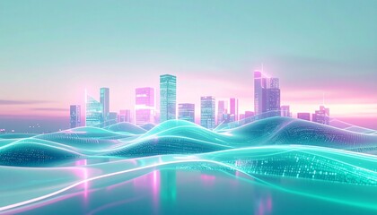 A futuristic abstract cityscape background, with soft neon gradients, flowing organic shapes