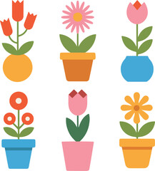 Flower Pots with Vibrant Bloom Icon Set for Colorful Spring bloom or Floral Design. vector illustration.
