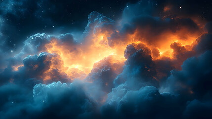 Fototapeta premium Cosmic Cloudscape: Fiery Orange and Deep Blue Nebula with Glowing Stars
