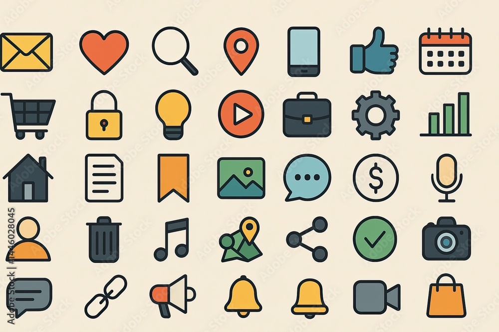 Poster collection of pixel art icons for web and app design