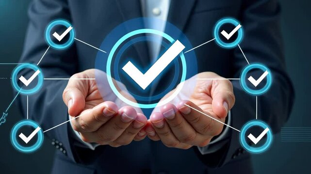 Hands of businessman holding glowing digital checkmarks on dark background, symbolizing quality control, verification and approval concept