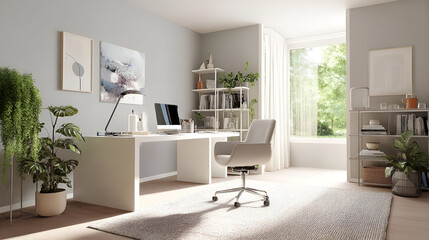 A modern home office with light grey walls, a white desk, and a comfortable ergonomic chair. A neutral-colored rug sits under the desk, and a sleek lamp adds a soft glow.