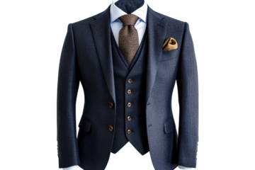 Elegant navy three piece suit gold tie pocket square sharp tailoring textured fabric