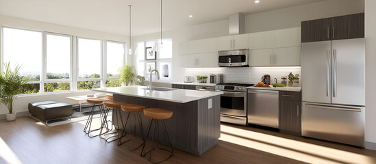A modern kitchen with clean countertops, stainless steel appliances, and sleek cabinetry. The room is well-lit by natural light from large windows, creating an inviting atmosphere