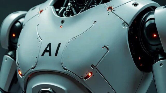 Detailed close-up of futuristic robot torso with mechanical joints and AI label, in a dark studio background, symbolizing advanced robotics