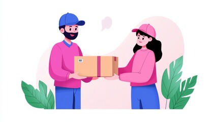 Cartoon Characters Exchanging Delivery Package with Plants in Background