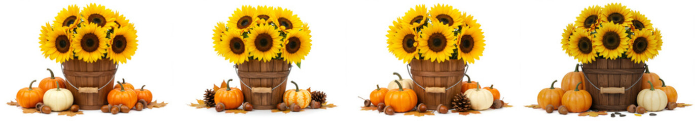 Autumn Sunflowers Still Life - A rustic wooden bucket overflowing with sunflowers, surrounded by pumpkins and acorns. Symbolizing harvest, autumn, abundance, warmth, and nature's beauty