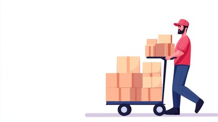 Cartoon Illustration of a Delivery Person Transporting Boxes on a Handcart in a Minimalistic Setting