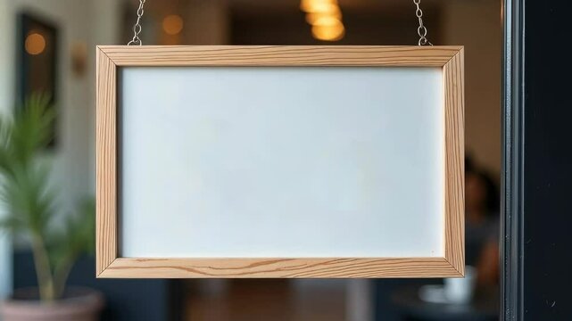 Empty wooden frame signboard hanging by metal chain in a cafe with blurred background, concept of customizable message or advertisement