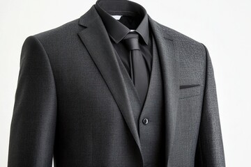 Stylish men s three piece suit dark grey patterned jacket black waistcoat elegant tie clean