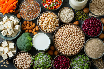 THE top view of the food background showcasing the variety of healthy eating and diet ingredients for vegans, including legumes, beans, nuts, alternative milk, tofu, vegetables, seeds, and sprouts, wh