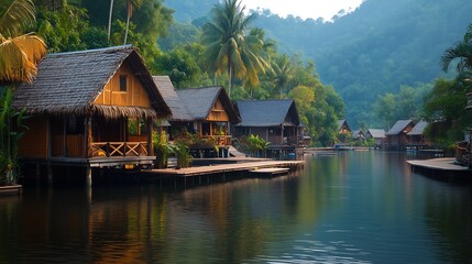 Fototapeta premium Scenic riverside in Southeast Asia huts surrounded by lush greenery and calm waters at sunrise.