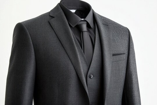 Stylish men s three piece suit dark grey patterned jacket black waistcoat elegant tie clean