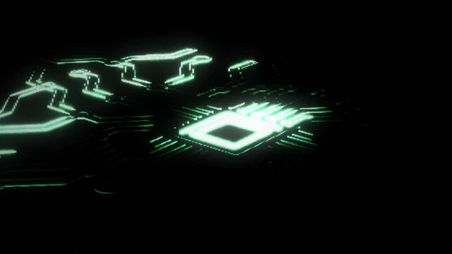 Pulsating Holographic NVIDIA GPU Animation with Green Bitmap Pixel Effects and Flashing Circuit Connections for AI, Electronics, and Computer Science Visuals