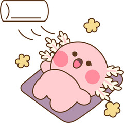 A pink axolotl lying down and feeling the air conditioning breeze