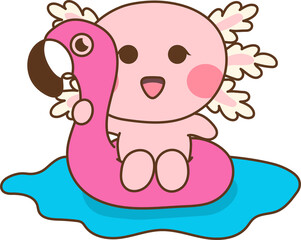 Fototapeta premium Cute pink axolotl floating on the water on a pink flamingo tube