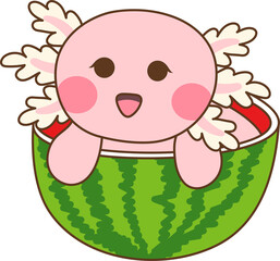 Cute pink axolotl inside a watermelon
