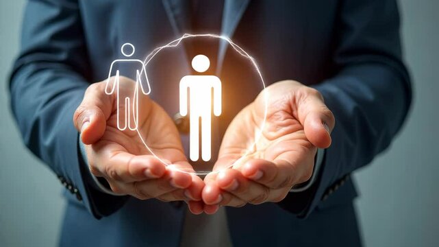 Businessman in suit holding a glowing person icon in cupped hands, realistic style, dark background, concept of protection and human care