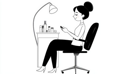 Illustrative Line Art of a Woman Sitting at a Desk with Mobile Phone and Beauty Products