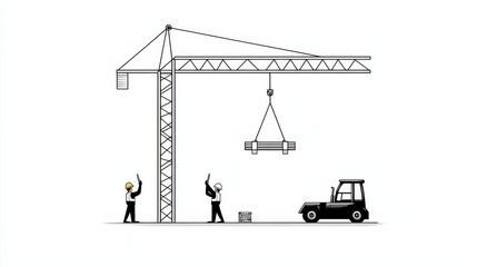 Illustrative Line Art of Construction Workers Operating a Crane and Forklift on a Job Site