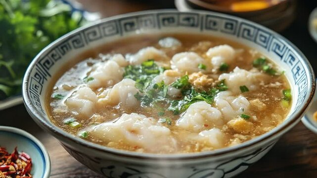 Fish maw soup on the table with smoke around