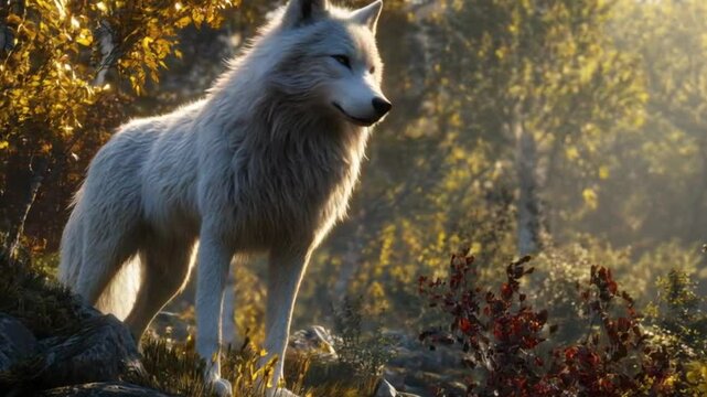 Majestic white wolf stands in autumnal forest, bathed in golden sunlight