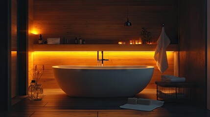 Illuminated modern bathroom interior with a warm, inviting ambiance.