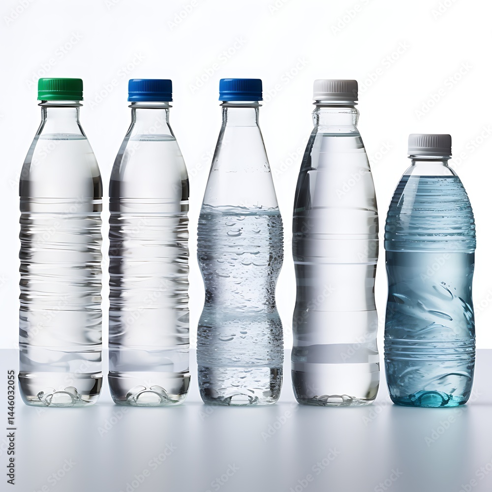 Poster bottled water array: a refreshing array of pristine, transparent water bottles with colored caps sta