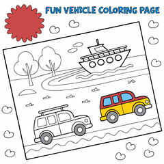Fun Vehicle Coloring Page with Cars, Trucks, and Boats for Kids.  Easy to color Kids Coloring Sheet
