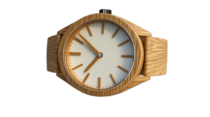 Stylish wooden watch on a white background.