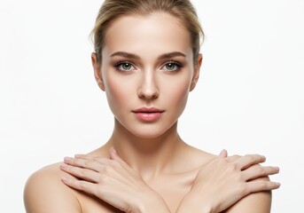 Fototapeta premium Close-up portrait of a beautiful woman with her hands on her shoulders