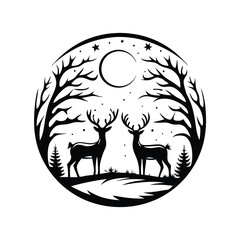 Silhouette Deer, Trees, and Moonlit Sky Serene Wildlife Black and White