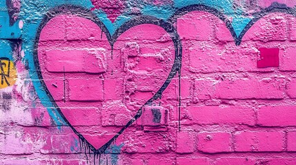 Pink hearts painted on a brick wall