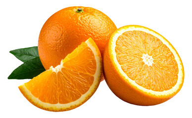 Orange Fruit with Slice Part and Leaf isolated on a White Background
