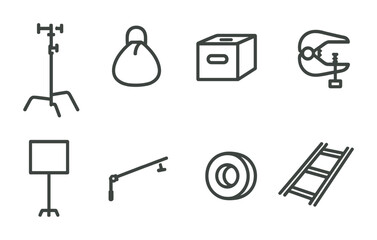 Film production equipment icons set – outline style cinematography, movie making, and film gear symbols for creative projects: tripod, sandbag, storage box, clamp, lighting stand, boom arm, cable