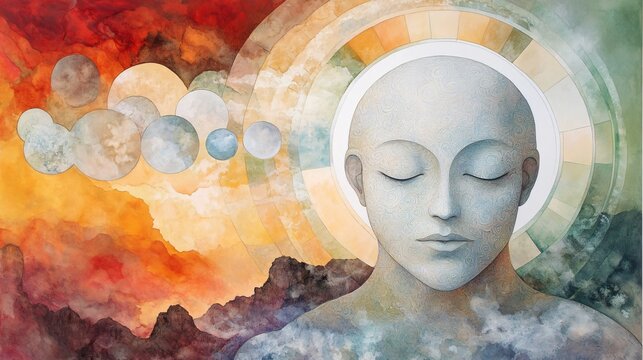 A meditative watercolor portrait of a seeker surrounded by concentric circles of ink and pastel nebula clouds representing centered mind and universal unity