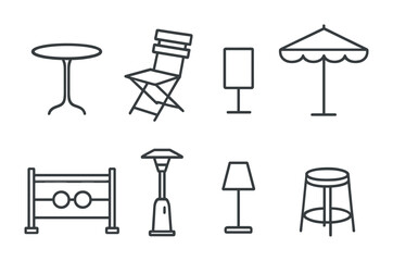 Outdoor furniture line icons set – minimalist patio, garden, and terrace symbols for design projects: table, chair, signboard, umbrella, barrier, patio heater, lamp, stool.
