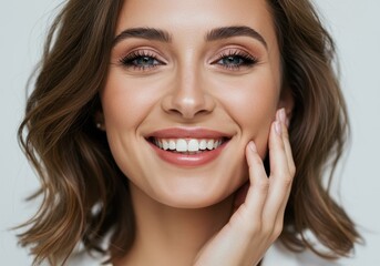 Fototapeta premium Smiling woman with hand on cheek showing healthy teeth and skin