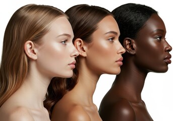 Diverse group of women showing different skin tones in profile on white background