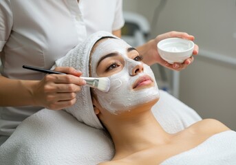 Woman receiving facial mask treatment at spa with brush application