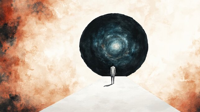 A serene watercolor and fine ink rendering of a traveler on pier gazing at circular galaxy portal with soft wash colors for emotional healing and cosmic wonder